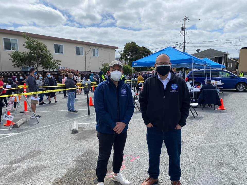 SSF Councilmember Eddie Flores and SSF Mayor Mark Nagales at the first free public COVID vaccine clinic in South San Francisco, 2021.